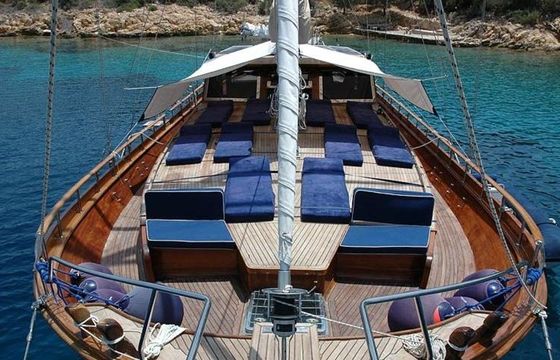 M/S Trippin Med.double ender, custom made wooden modern classic boat Med. coast of Turkey & Greek islands