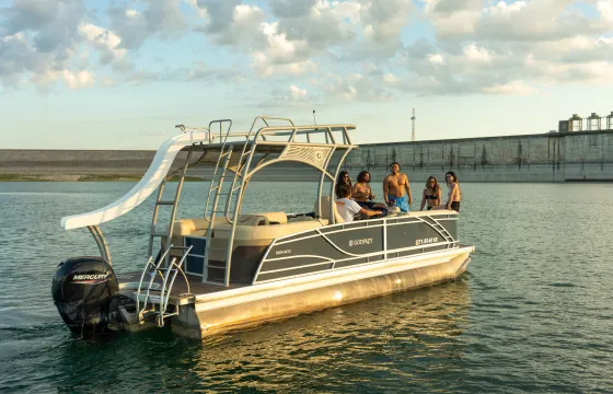 Lake Austin Two-Story Tritoon with Waterslide.  FUN captain included!