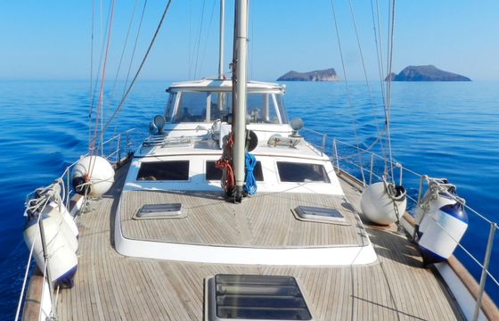 Sail cruising among the Dodecanese islands in Greece