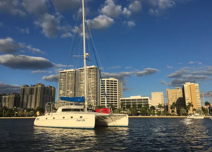 Safe and Comfortable 42ft Fountaine Pajot catamaran sailing in West Palm Beach