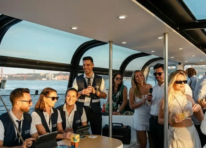 Lisbon Team Building Sunset Cruise – Luxury Boat, Drinks & Group Activities