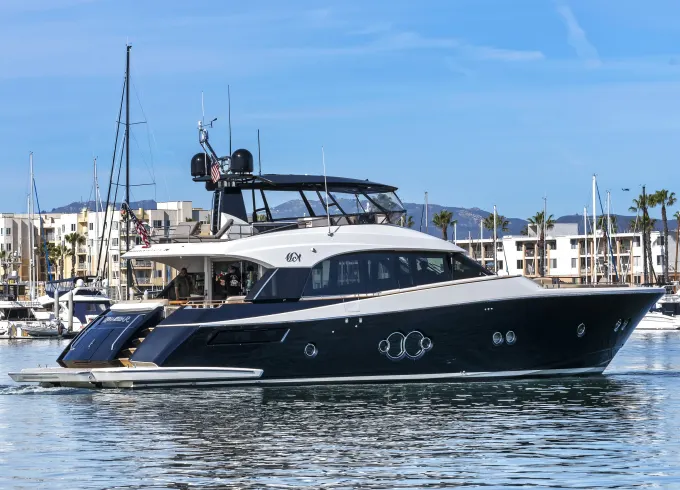 Luxury Monte Carlo 76 Yacht Charter SoCal | Metallic Blue Hull | Beach Platform