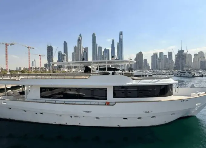 100ft Party Yacht in Dubai Harbour Marina – perfect for groups up to 70 guests
