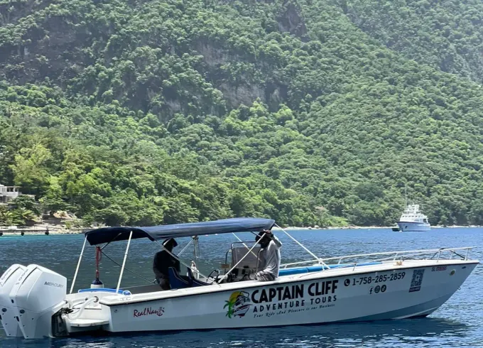 Private Boat to Soufriere to visit Waterfall and Volcanic Mud Bath 31’ Boat