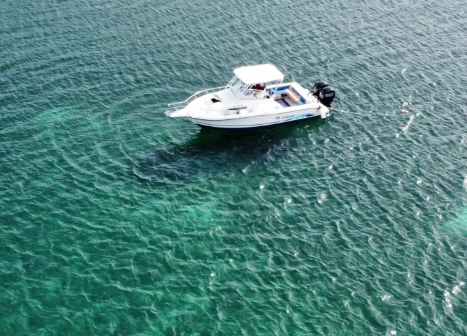 Private snorkeling and sightseeing tour with Stratos 2700 Walk Around Boat!