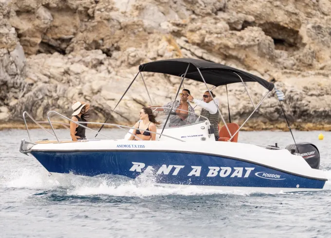 21ft Speedboat Poseidon 640 in Rhodes — Skippered Tour with Cabin & Toilet