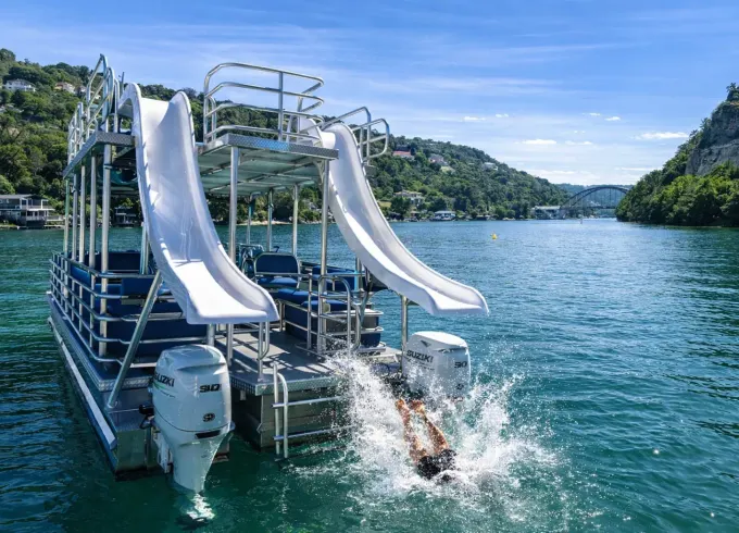 BRAND NEW 29’ Double-Decker Party Pontoon w/ TWO Water Slides – Holds 24