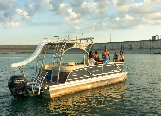 Lake Austin Two-Story Tritoon with Waterslide.  FUN captain included!