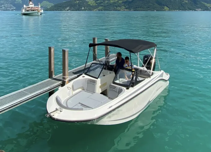 Motor boat with skipper on Lake Lucerne