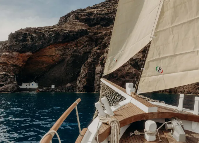 Charter Kymatia traditional wooden sailboat, Santorini, Cyclades