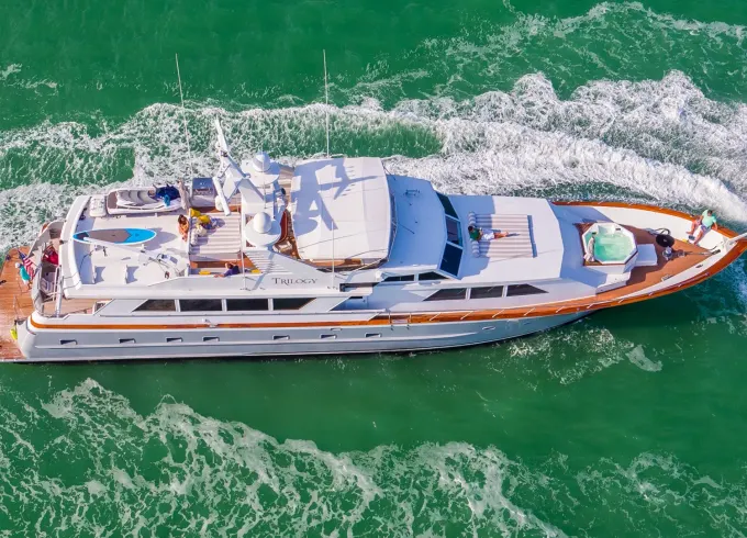 Embark on a Luxurious Journey Aboard the 103’ Trilogy Power Mega Yacht