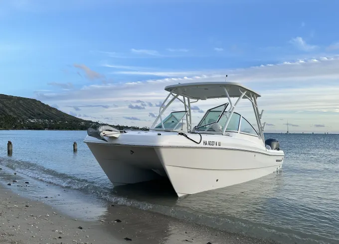 Twin hull powered boat for rent - up to 10 people